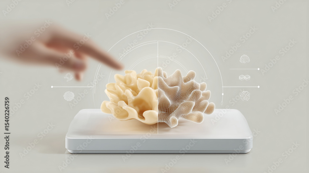 Poster a hand gently interacts with an innovative display of smart materials.