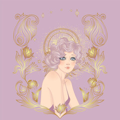 Art Deco design template with elegant flapper girl, geometric shapes, and decorative elements in dusty rose and gold tones. Perfect for invitations, fashion branding, events, or digital decor.