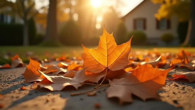 Autumn leaves with suburban sunset.