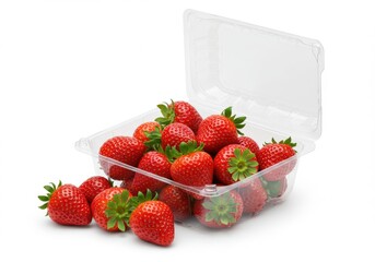 Open pack of fresh red ripe strawberries isolated on a white background