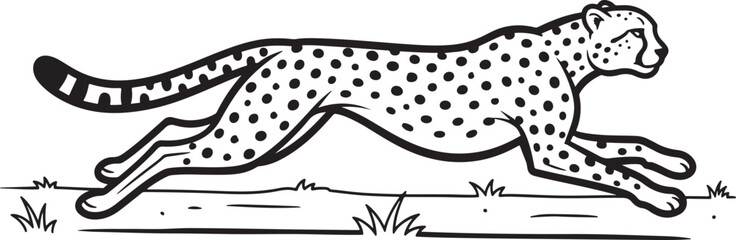 Simple black and white drawing of a running cheetah on grass © RbsCreative