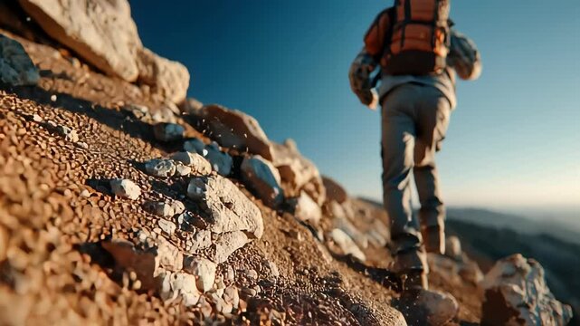 Close-up of dusty hiking boots kicking up gravel as a climber rushes uphill