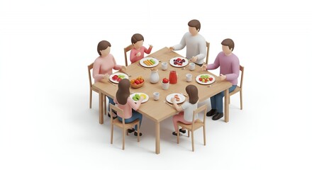 Pixelated Family of Six Enjoying Meal Around Wooden Table on White Background with Food and Drink