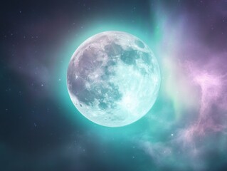 Mystical full moon with radiant northern lights in night sky