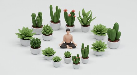 Pixelated Figure Meditating Among Circle of Cacti and Succulents on White Background