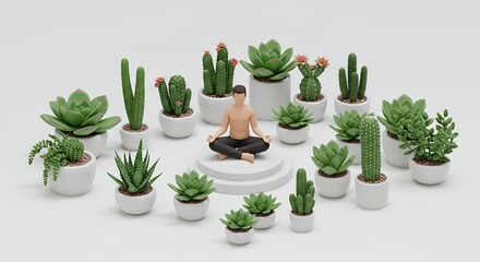 Pixelated Figure Meditating Among Potted Plants in Digital Still Life on White Background