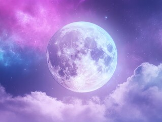 Mystical full moon and northern lights in a vibrant night sky