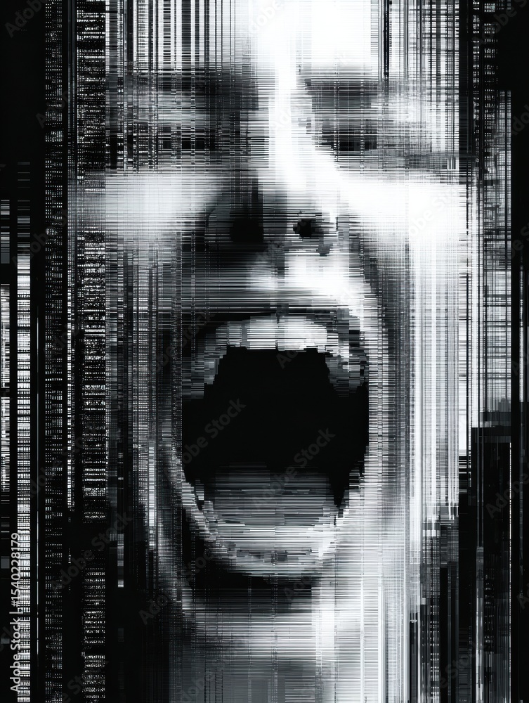 Poster Screaming Mouth Surrounded by Data Noise Creating Visual Chaos, Showcasing the Clash Between Expression and Distortion in a Digital World