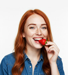 Smiling woman eating strawberry isolated on white background