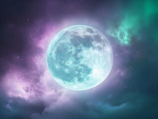 Enchanting full moon with northern lights in night sky
