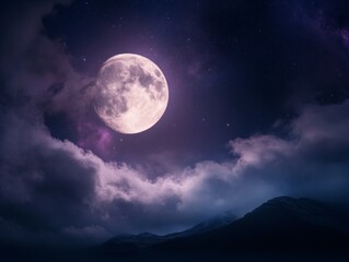 Enchanting full moon and northern lights in night sky