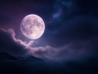 Mesmerizing full moon with northern lights over mountain landscape at night