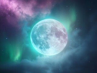 Enchanting full moon amidst northern lights above a mystical night sky