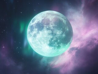 Full moon with northern lights in a cosmic night sky for celestial art and design