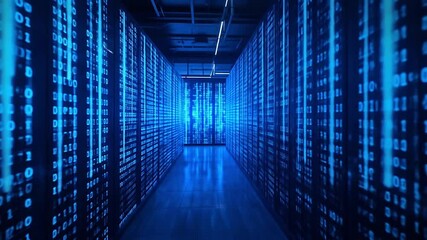 Blue-tinted binary code walls in data analysis simulation environment