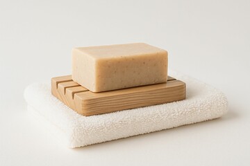 Natural soap bar on wooden dish and soft white towel, clean skincare composition
