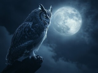 Mystical owl perched under full moon with glowing night sky