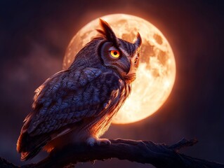 Enchanted night with owl perched under glowing full moon phases