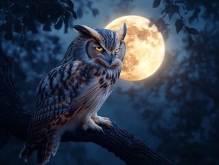Majestic owl perched against full moon backdrop in nighttime forest scene