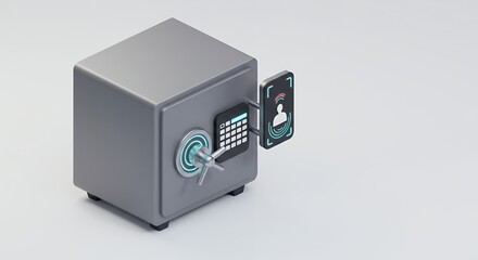 Silver Safe with Dial Keypad and Face Recognition Scanner in 3D Rendering Illustration on White Background for Financial Security