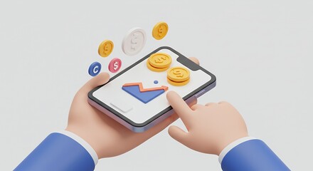 Smartphone with Upward Graph held in Hand with Coins and Clock on White Background