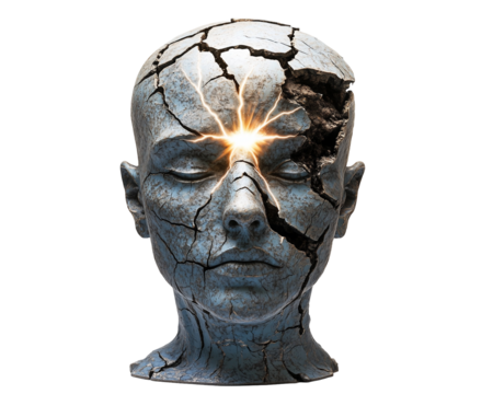 Stone head with light emanating from it