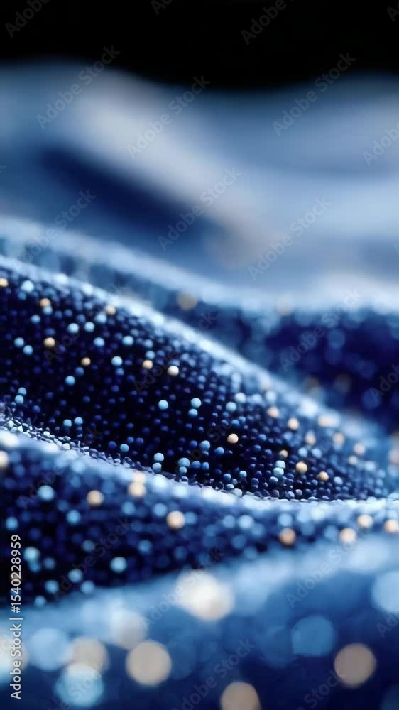 Poster close-up of abstract textured surface covered in small reflective spheres, creating a flowing wave p