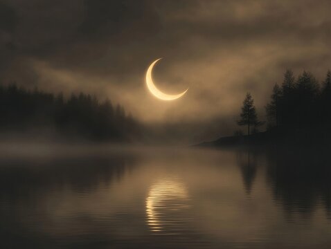 Serene new moon reflection over calm misty lake at night