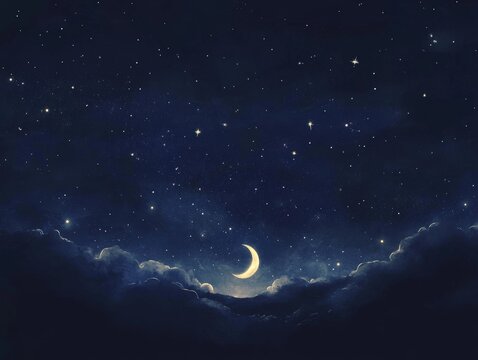 Serene night sky with new moon and stars for celestial themed design