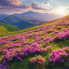 Fototapeta premium view in lawn with rhododendron flowers. Mountains landscapes. Concept of nature rebirth. Save Earth. Amazing summer day. Location Carpathian, Ukraine, Europe.