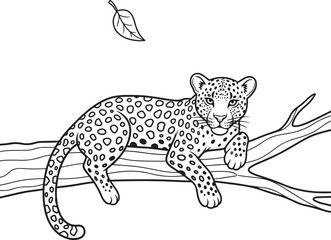 An intricate drawing of a leopard resting on a tree branch