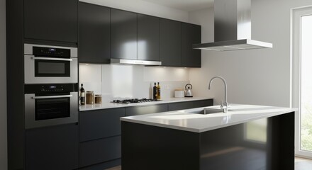 Modern Dark Kitchen Island Design - Sleek modern kitchen with dark cabinetry, stainless steel appliances, and a white quartz island countertop