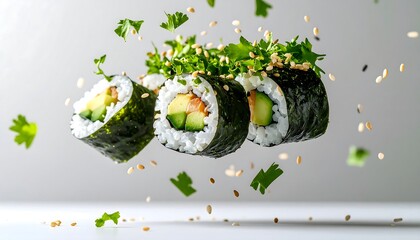 Floating Sushi Roll Product Studio Photo of Delicious Maki with Seaweed and Rice