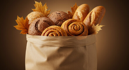 Assortment of baked goods in a paper bag with autumn leaves on a brown gradient background