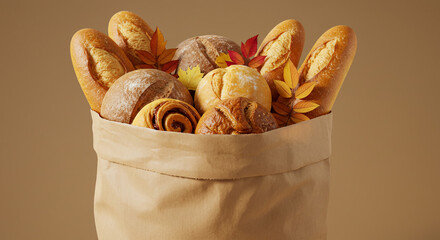 A paper bag filled with an assortment of fresh baked bread and autumn leaves on a brown background