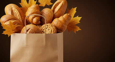 A paper bag filled with bread and pastries decorated with autumn leaves on a brown background