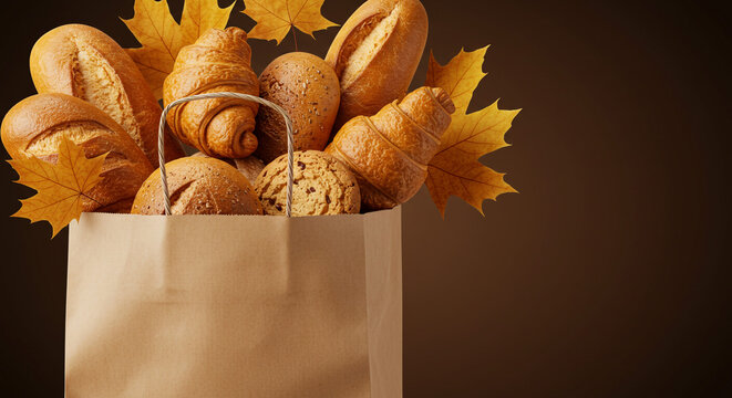 A paper bag filled with bread and pastries decorated with autumn leaves on a brown background