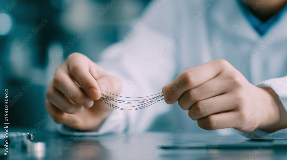 Poster A scientist carefully manipulates a series of thin wires made from shape memory alloys in a laboratory. The focus is on adaptive characteristics and liquid metal applications.