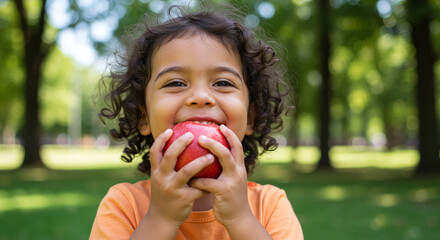 A happy young child with curly hair biting into a red apple outdoors in a green park setting