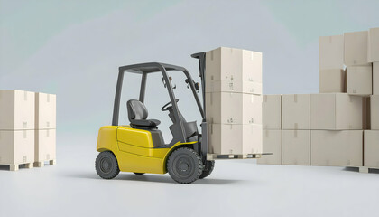Naklejka premium Yellow Forklift Moving Cardboard Boxes in a Warehouse