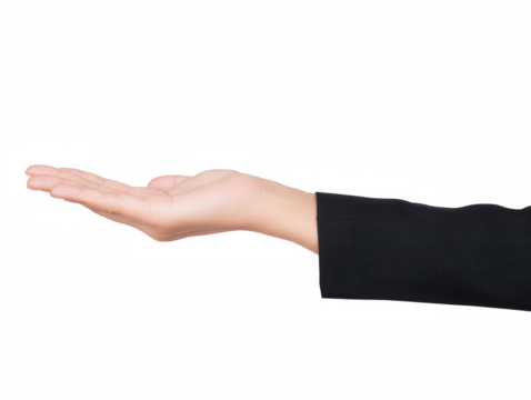 Outstretched right arm and hand with palm facing upward on transparent background