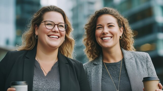 Two confident businesswomen walking outdoors in modern cityscape, smiling and holding coffee cups. Stylish and professional, casual business attire, positive atmosphere.