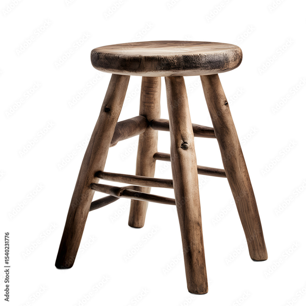 Poster a small rustic wooden stool, isolated on a empty plain background