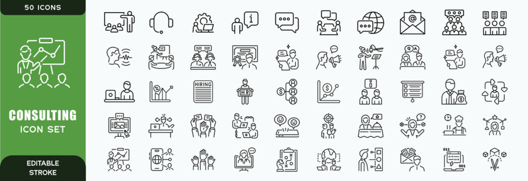 Set of 50 outline icons related to consulting. Linear icon collection. Editable stroke. Vector illustration