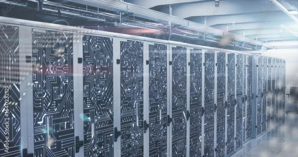 Poster dot overlay appearing on server racks while code snippets fading and pulsing representing data flow