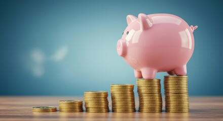 Piggy Bank on Decreasing Coin Stacks - A pink piggy bank precariously balances atop a descending stack of gold coins, symbolizing dwindling savings, financial instability, economic downturn, risk