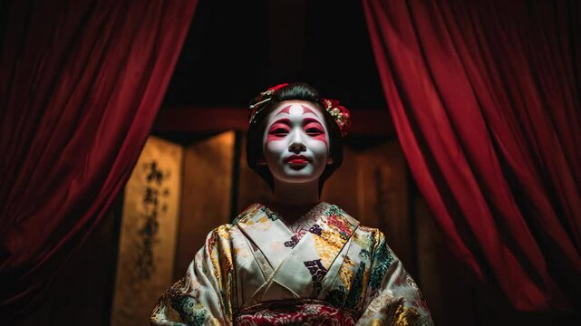 舞台の赤い幕の前で、ゆっくりと正面を向き微笑む歌舞伎の芸者