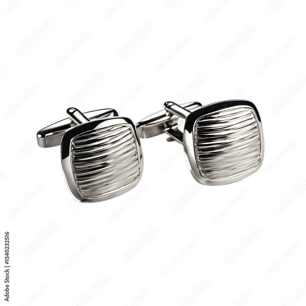 Poster a pair of elegant cufflinks with silver finish, isolated on a empty plain background