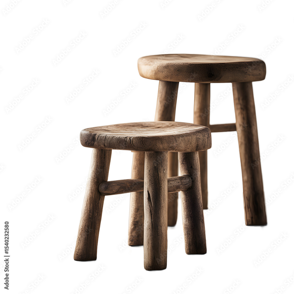 Poster a small rustic wooden stool, isolated on a empty plain background