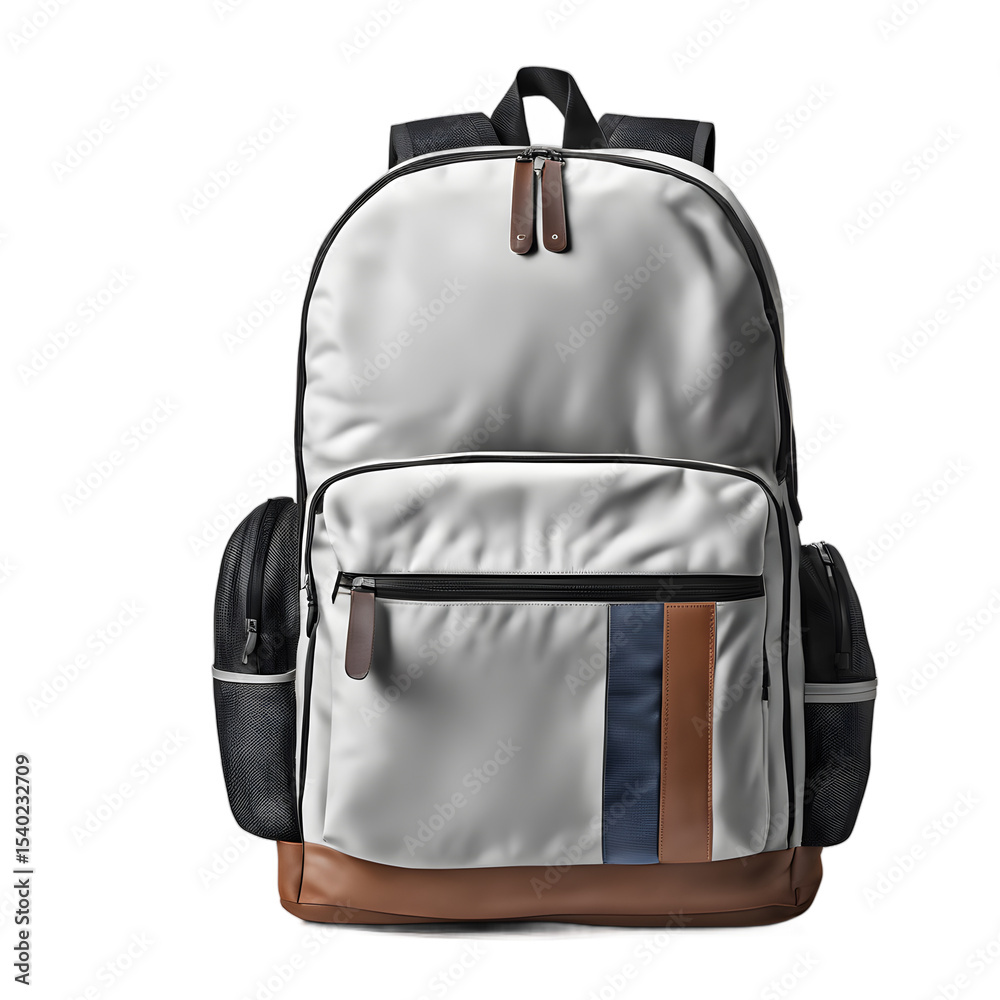 Poster a school backpack with front pocket and zipper, isolated on a empty plain background